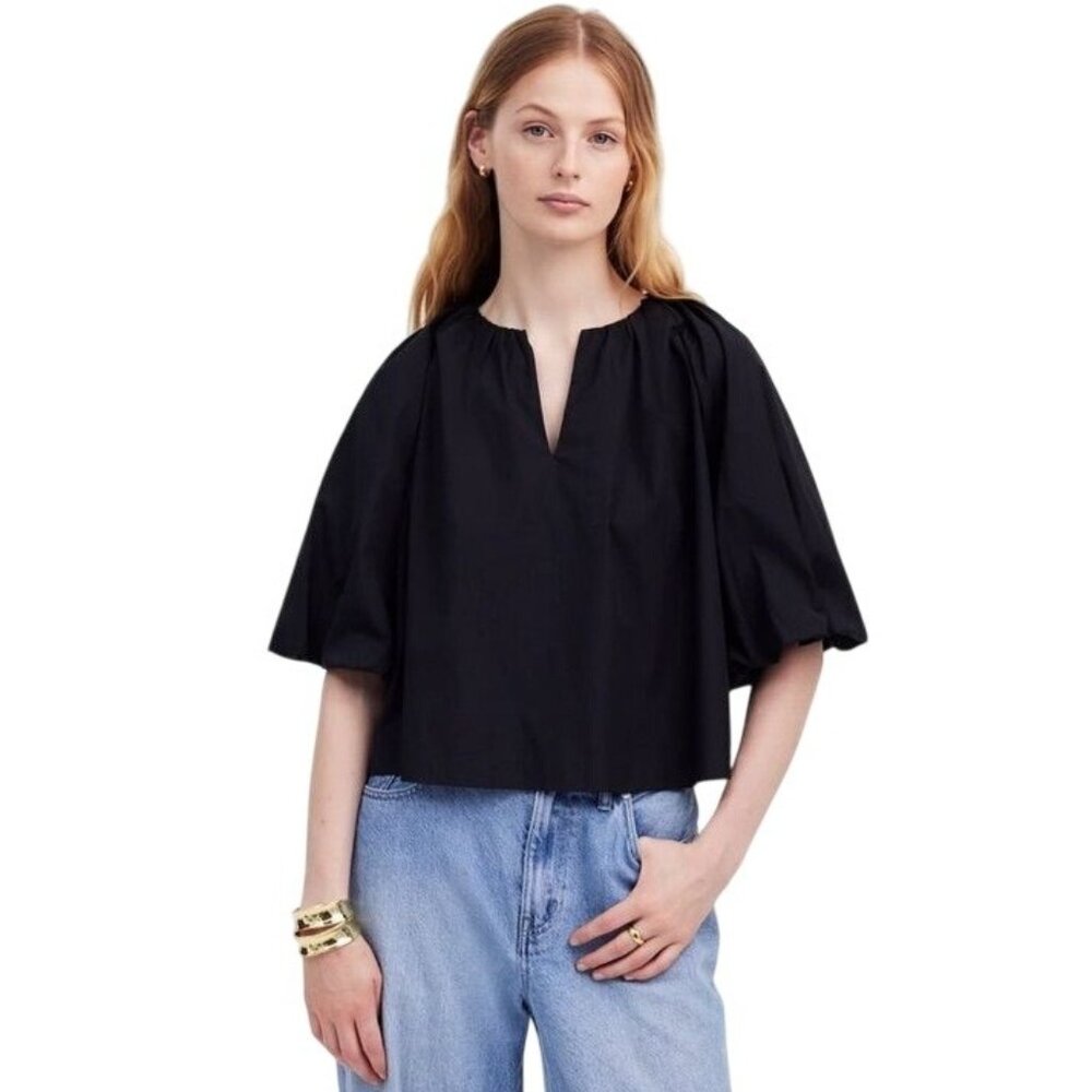 Madewell Womens Bubble Sleeve Top in Poplin Black Cotton Size 14 NWT